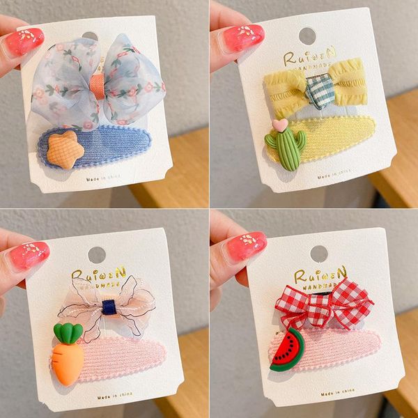 

hair accessories 2 pcs cute bowknot clips girls cartoon bb clip sweet candy color mesh bow hairpins banana star cherry, Slivery;white