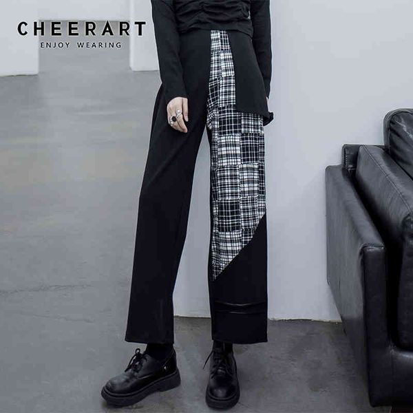 

streetwear pants women trousers plaid patchwork straight leg long black designer fashion 210427, Black;white
