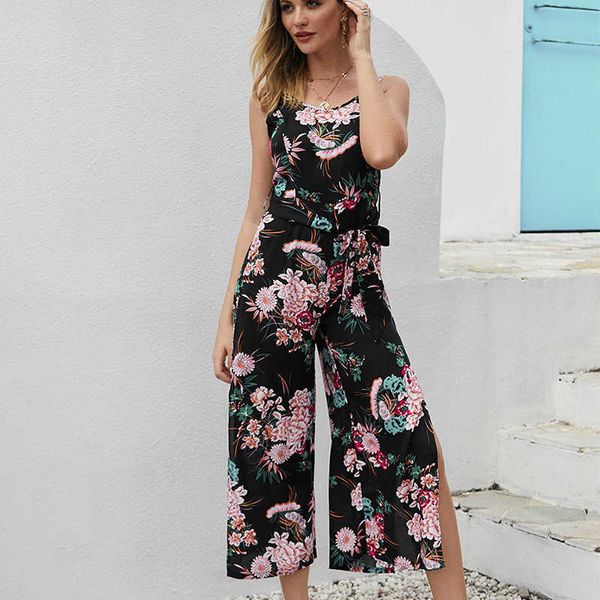 

sling slash neck sleeveless backless vintage floral print rompers women casual wide leg straight split fork streetwear jumpsuits 210608, Black;white