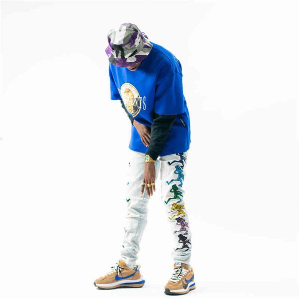 

men's jeans mens trendy brand embroidery skull men washed slim small feet tight-fitting casual european and american high street 767f, Blue