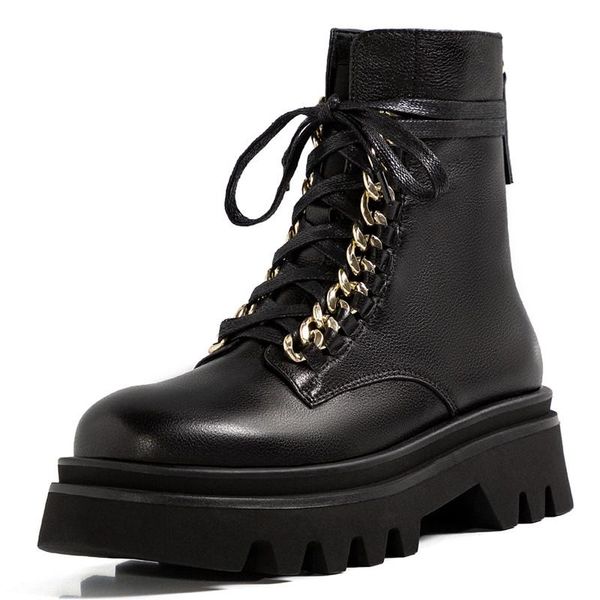 

boots fashion flat platform women ankle motorcycle matel chian cow leather soft ladies shoes round toe riding booties, Black