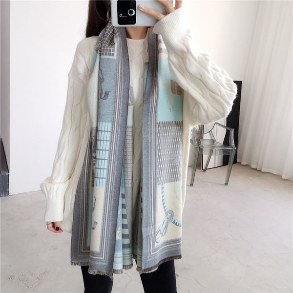 

2022 autumn winter fashion scarf women wild long pashmina foulard imitation cashmere thick warm uxury shawl scarves, Blue;gray