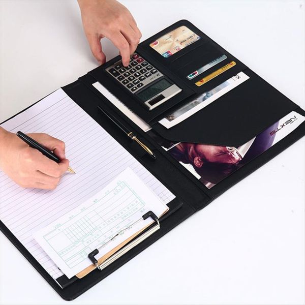 

customized pu leather notepad a4 file organizer portfolio folder with calculator business document bag card holder padfolio, Red;black
