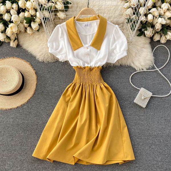 

korean college dress for womens lapel short-sleeved elasticated elastic waist sweet fashion vintage mini a-line 210420, Black;gray