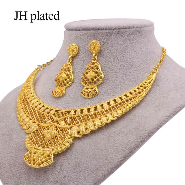 

jewelry sets dubai new luxury 24k gold color ornament jewellery set for women party necklace earrings african wedding wife gift, Black