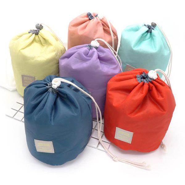 

travel drawstring cosmetic make up bag waterproof cylinder wash women men's portable finishing storage bags & cases