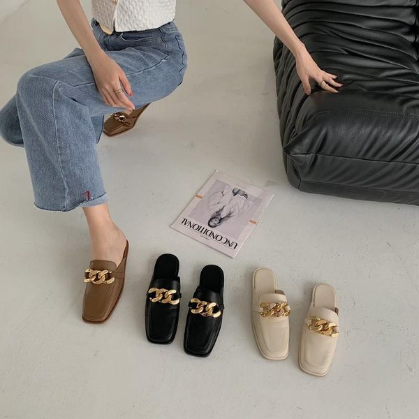 

slippers flat slipper spring 2021 fashion women's square toe mueller shoes casual summer sandal outdoor low heel metal decoration, Black