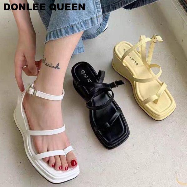 

dress shoes fashion brand wedge sandals women platform summer ankle strap gladiator sandal buckle narrow band sandalias mujer 20, Black