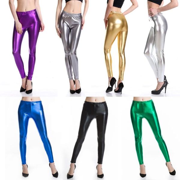 

women's leggings women shiny metallic color elastic waist skinny pencil pants trousers casual, Black