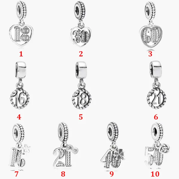 Joias finas Autênticas Contas de Prata Esterlina 925 Fit Pandora Charm Bracelets Número Redondo Rosa Coração Cadeia de Segurança Pingente DIY miçangas