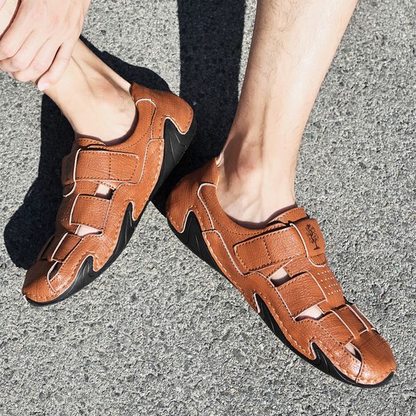 

summer men sandals genuine leather men casual shoes classic lightweight roman sandal outdoor fashion men slippers zapatos hombre, Black