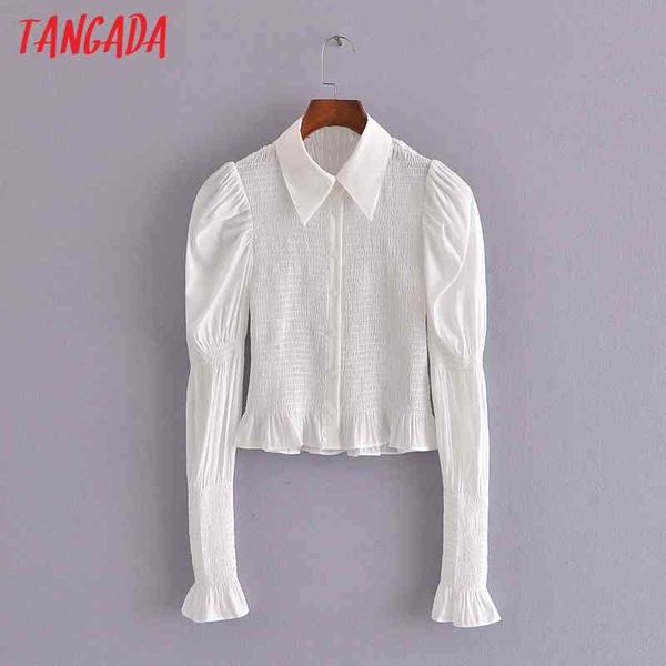 

women retro white pleated crop long sleeve chic female slim shirt 3h286 210416