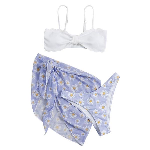 

one-piece suits 3pcs split swimsuit women printing bikini suit set backless solid color bikini+ print panties+see-through cover u