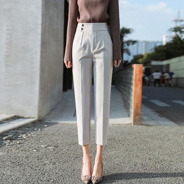 

women's pants 2021 nine point harem autumn and winter high waist straight pipe woolen suit & capris, Black;white