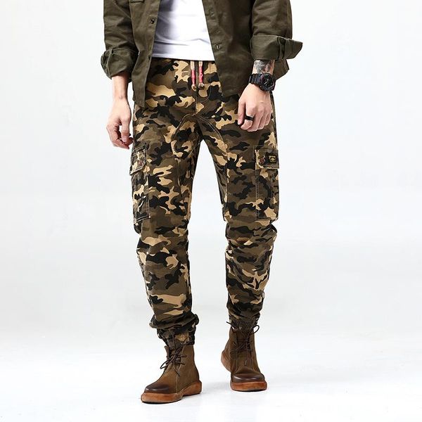 

men's pants camouflage army green cargo men cotton loose ankle-tied long trouser male multi-pocket 2021 military mens camo baggy, Black