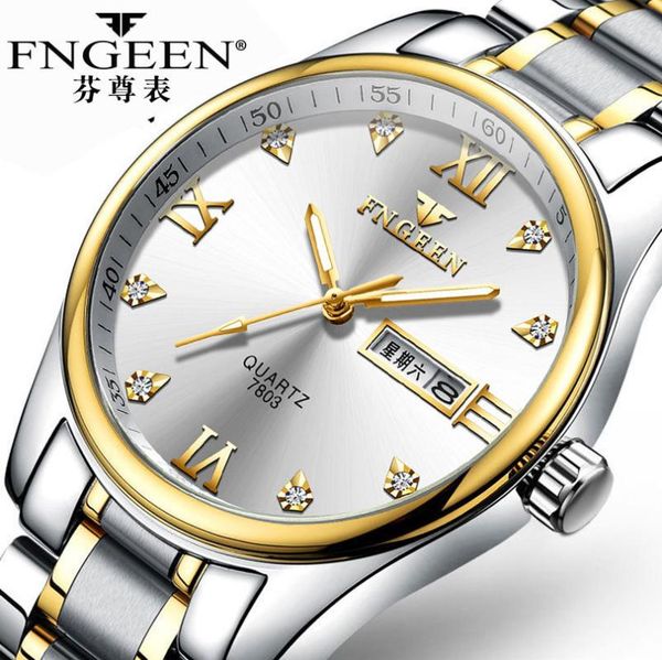 

wristwatches fngeen watch room steel band fashion men's double calendar quartz leisure non mechanical, Slivery;brown
