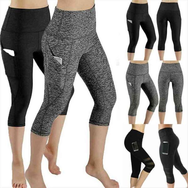 

high waist pants capri pockets womens legging fitness gym stretch 3 4 mesh breathable sexy, Black