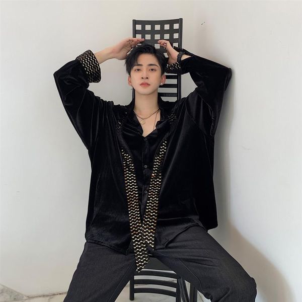 

men's casual shirts male vintage streetwear hip hop shirt stage show club clothing men long sleeve sequin ribbon loose velvet tie, White;black