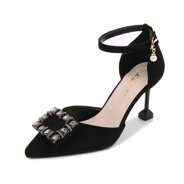 

shoes thin heel candy bright color hollow roman pointed toe flock 6cm 8cm high heels buckle strap rhinestones shallow sandals, Black