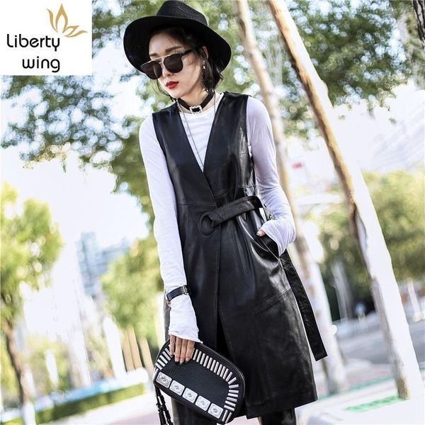 

women's leather & faux 2021 summer fashion women black genuine vest jackets belt slim real lambskin long trench coat streetwear ladies