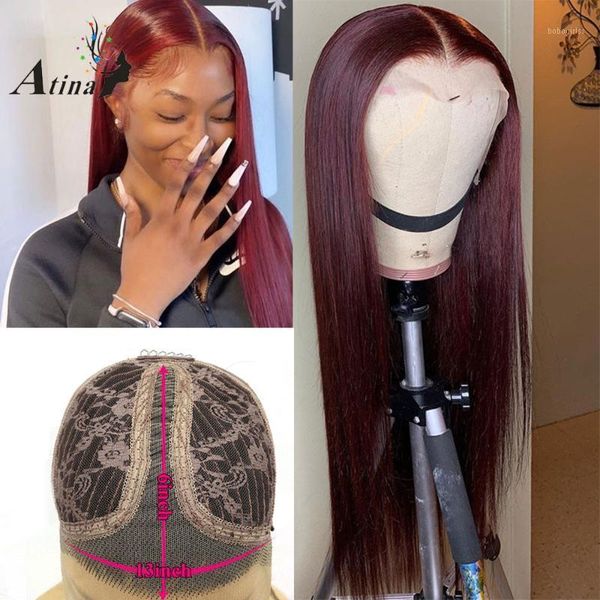 

atina 99j colored straight human hair wigs burgundy brazilian hd transparent lace 250% frontal for black woman1, Black;brown