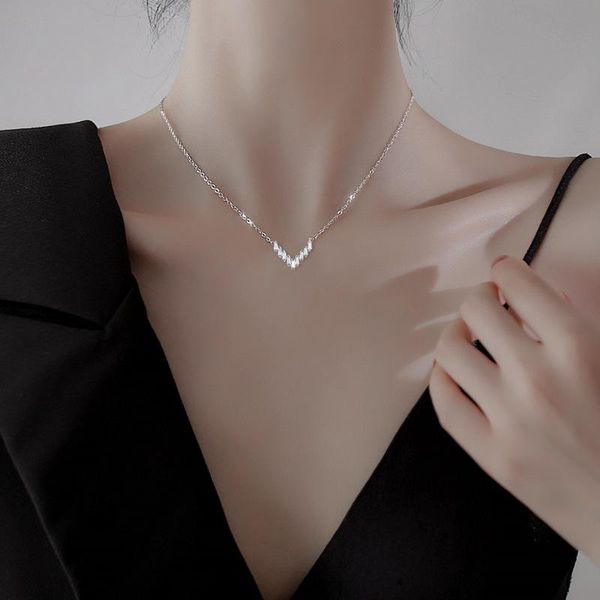 

pendant necklaces korean fashion necklace female trend geometry zircon v-shaped for women clavicle chains choker jewelry kpop, Silver