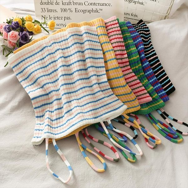 

knitted rib crop cropped women tank knitting striped spaghetti strap slim fit female going out, White