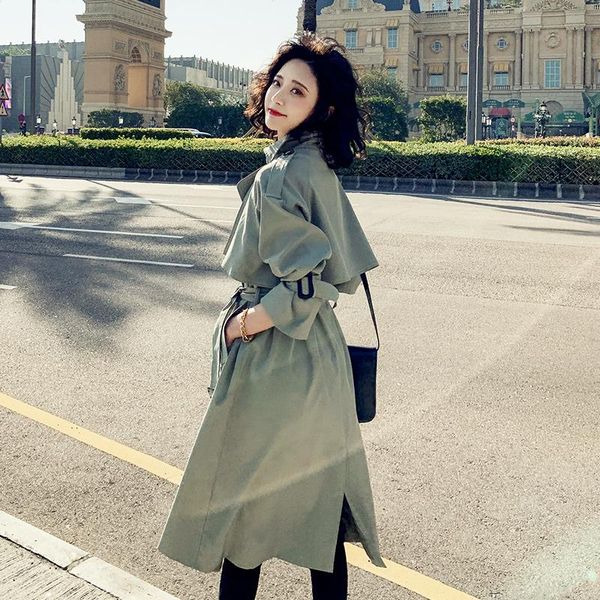 

women's trench coats mid-long coat women fashion sash solid color 2021 spring autumn england style loose outwear office, Tan;black