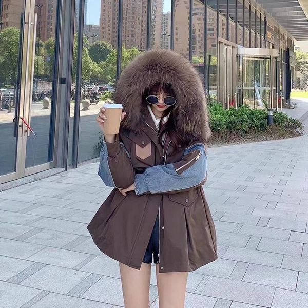 

women's down & parkas h097 slim waist, large wool collar, real medium and long style, stitching, contrast color 90 white duck, Black