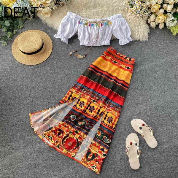 

deat women printing split skirt pleated puff slash neck arrivals short two piece set fashion spring summer 11d232 210709, White