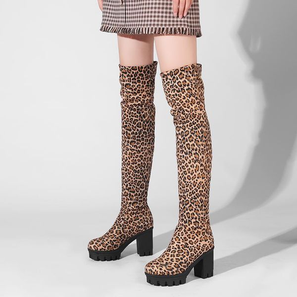 

boots women's fashion over-the-knee leopard print high round head zipper thick heel shoes in winter 2021., Black