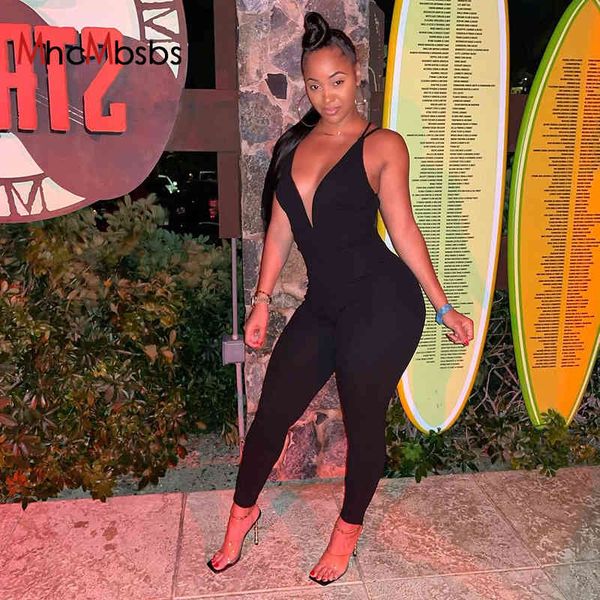 

jumpsuit women outfits halter deep v neck backless lace up bodycon jump suits rompers summer party clubwear 210517, Black;white