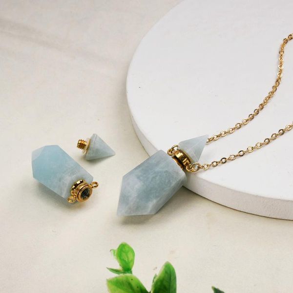 

pendant necklaces aquamarines faceted perfume bottle diffuser gems stone necklace essential oil neacklace, Silver