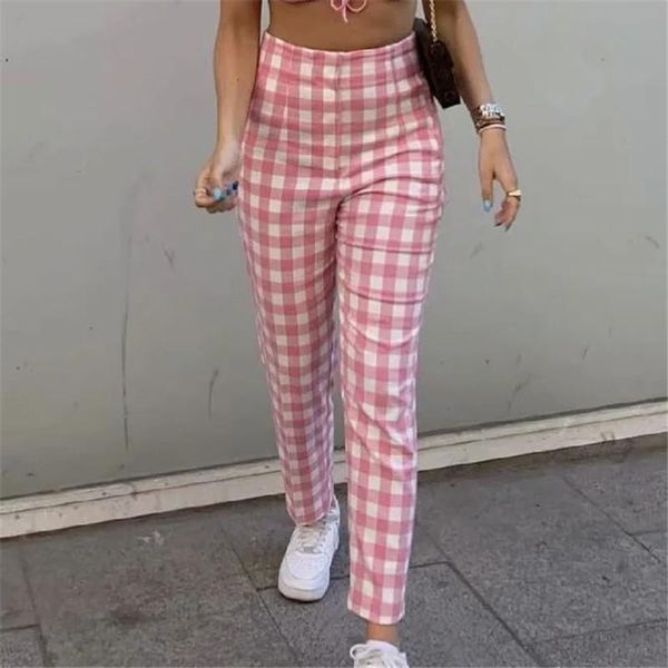 

women's pants & capris women summer high waist zipper straight chic 2021 female fashion pink plaid suit cotton sweet college style long, Black;white
