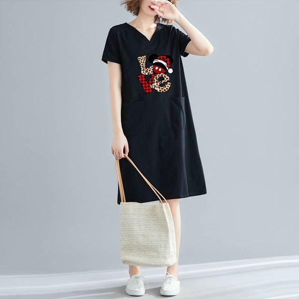 

loose midi dress women casual christmas letters love print korean fashion silid 3xl slim tshirt v-neck black straight vestido streetwear y2k, Black;gray