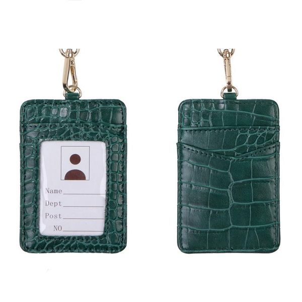 

card holders green crocodile pattern leather neck holder ostrich lanyard id purse women name wallet, Brown;gray