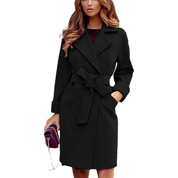 

women trench coats long sleeve classic lapel neck overcoat solid color slim outerwear casual coat, Tan;black