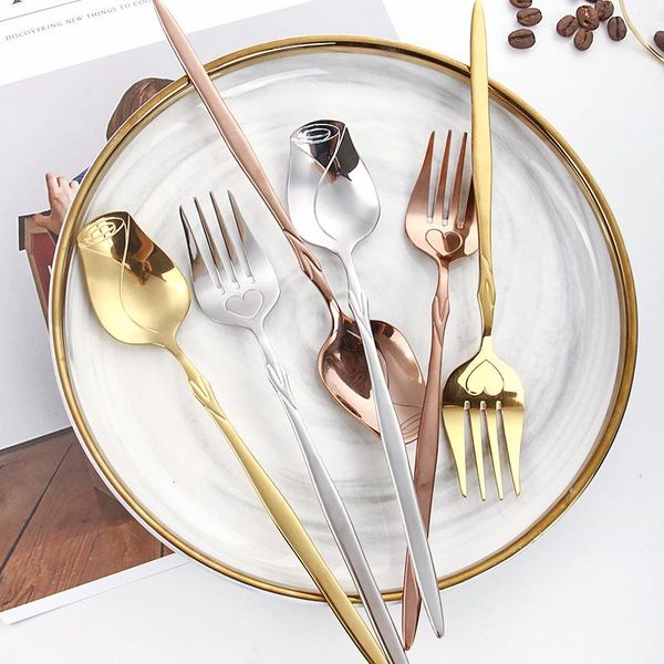 

dinnerware sets set mirror stainless steel glossy silver rose texture tableware gentle advanced spoon fork