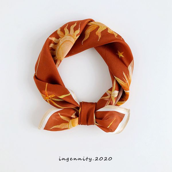 

100% natural silk hair scarf women foulard neck wrap 52cm square kerchief soft bandana sun moon print female head band, Blue;gray