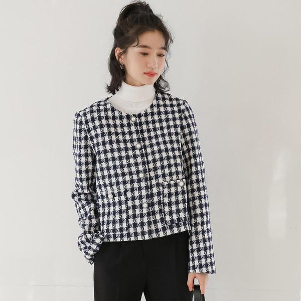 

autumn winter woolen short jacket plaid tweed coat women outwear long sleeve single breasted pearls button runway f995 women's jackets, Black;brown