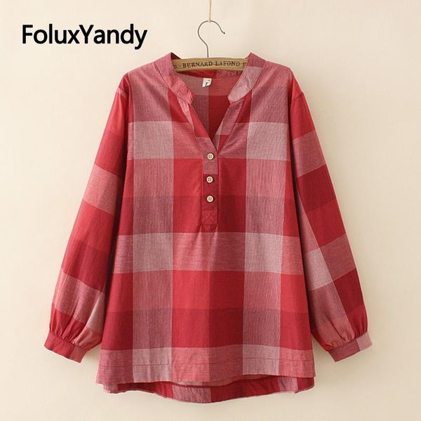 

red plaid shirt for women casual v-neck blouse loose plus size cotton long sleeve chemise kkfy5003 women's blouses & shirts, White