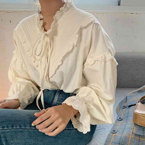 

arrival spring autumn korea fashion puff sleeve loose women shirts lace patchwork vintage blouse female blusas s408 210608, White