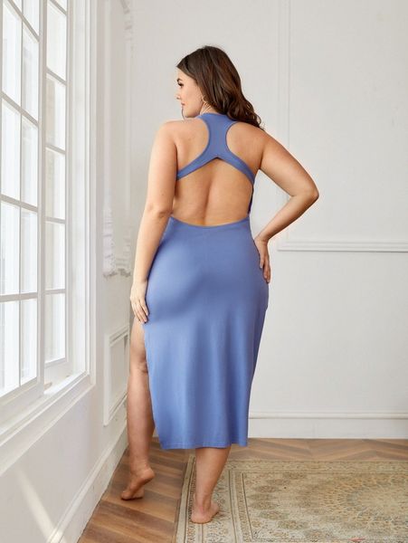 

plus cut out back split thigh tank nightdress g2mj#, Black;white