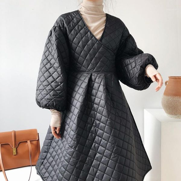 

quilted coat plaid dress design jacket female winter down jackets cotton padded vintage parkas solid color elegant overcoat women's, Black