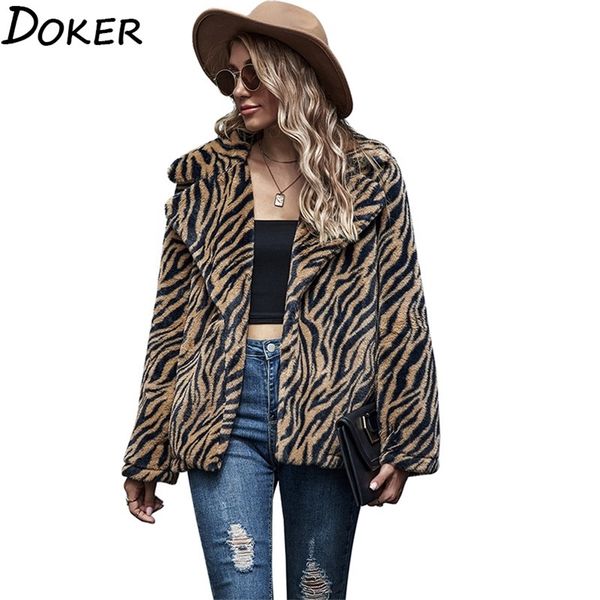 

tiger pattern faux leather coat women autumn winter long sleeve fashion warm loose jacket female plus size casual fake fur 210604, Black