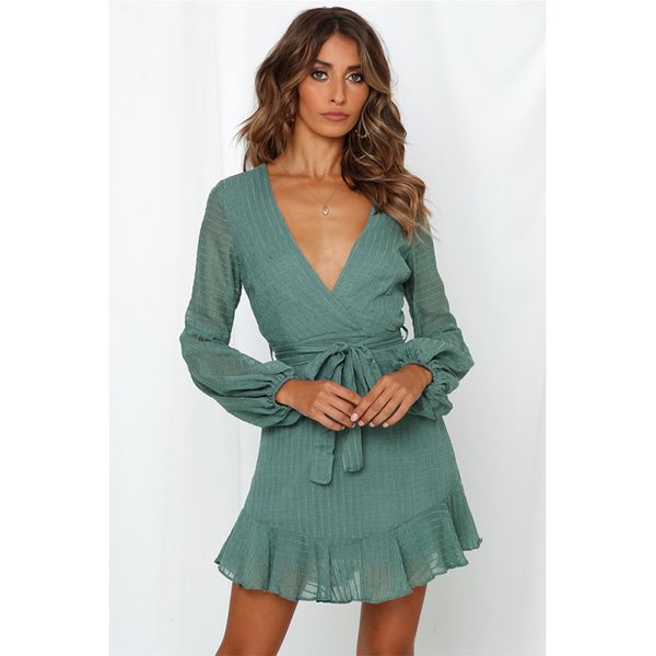 

women deep v neck ruffles bandage dress autumn long sleeve bow pullover pink green black elegant party mini dress 210416, Black;gray