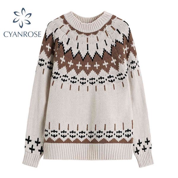 

pullover sweater korean vintage print women's jumper knitwear long sleeve spring crewneck rib stylish loose casual knit 210417, White;black