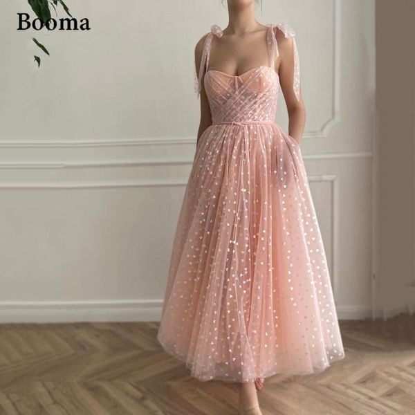 

booma blush pink hearty evening dresses 2021 spaghetti straps midi prom with pockets tea-length wedding party, White;black
