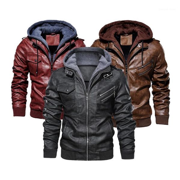 

men winter clothes thick windproof hooded long sleeve pu leather jacket slim fit double zipper autumn warm coats men's fur & faux, Black