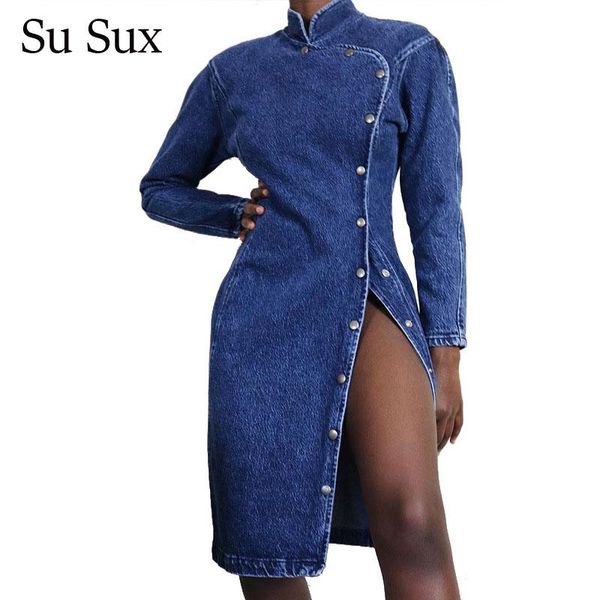 

casual dresses vintage stand collar denim dress women jeans long sleeve single button slim knee length vestidos 2021 spring, Black;gray